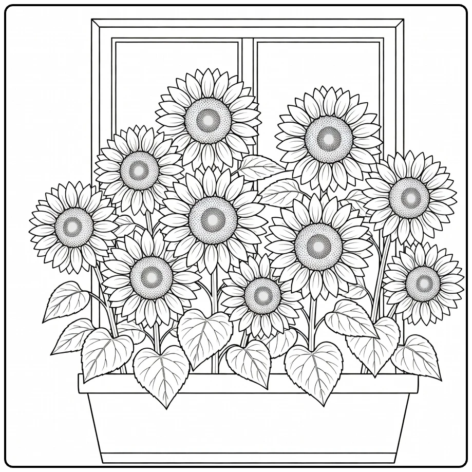 Sunflower coloring page featuring blooming flowers in a window box