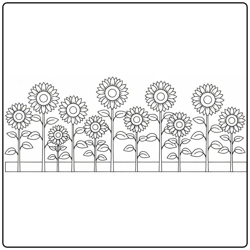 Sunflower coloring page showing a row of flowers in a bed