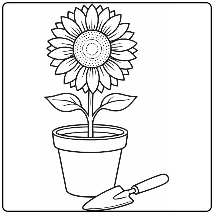 Sunflower coloring page featuring a potted flower and trowel