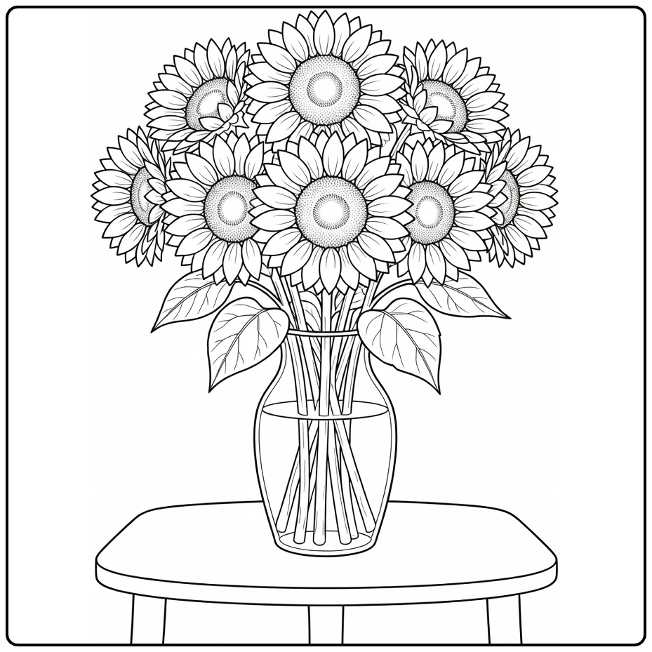 Sunflower coloring page featuring a bouquet in a glass vase