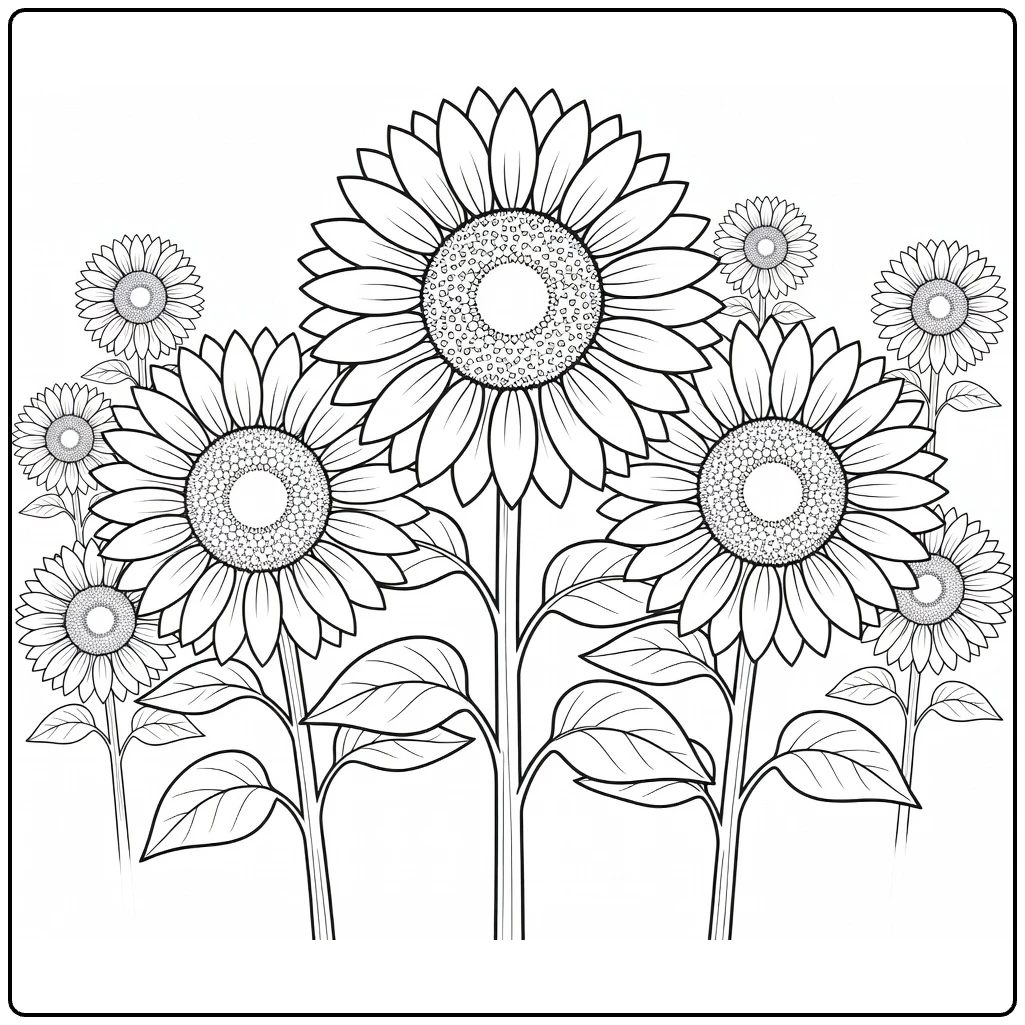 Sunflower coloring page showing three flowers in a field