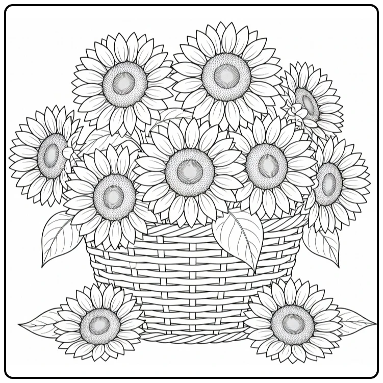 Sunflower coloring page featuring a basket full of sunflowers and leaves