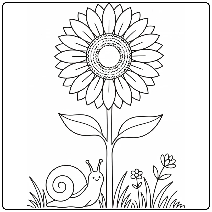 Sunflower coloring page featuring a snail beside a tall flower