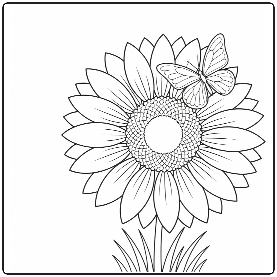 Sunflower coloring page featuring a butterfly on the flower petals