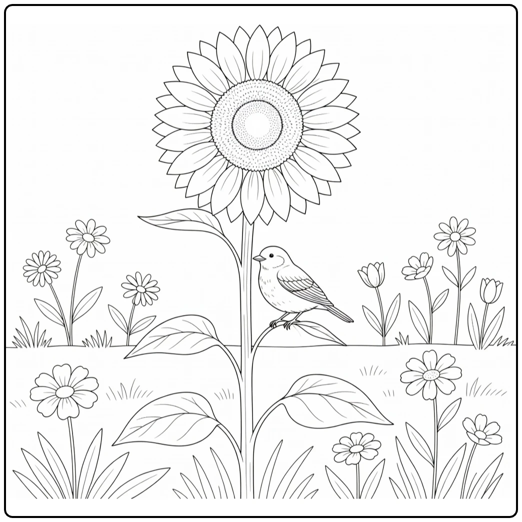 Sunflower coloring page showing a bird beside a tall flower