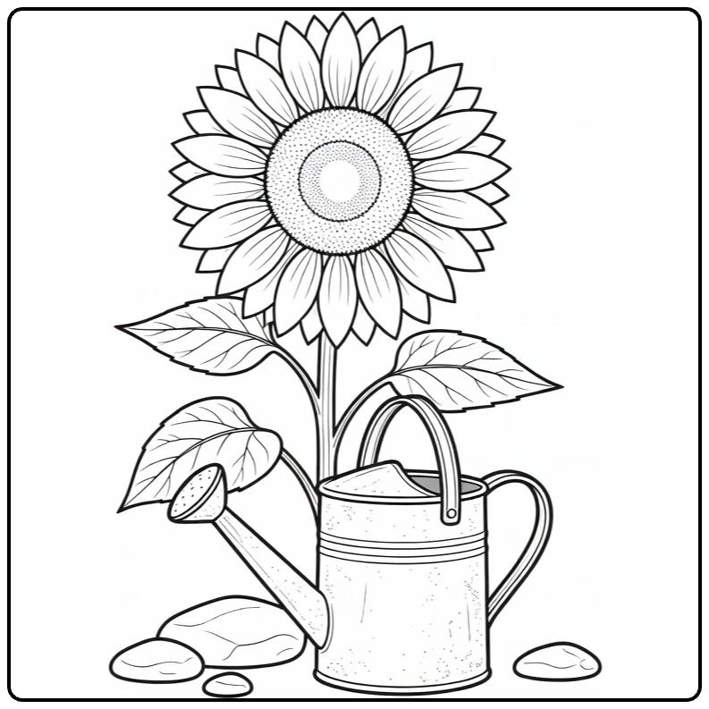 Sunflower coloring page featuring a watering can and stones