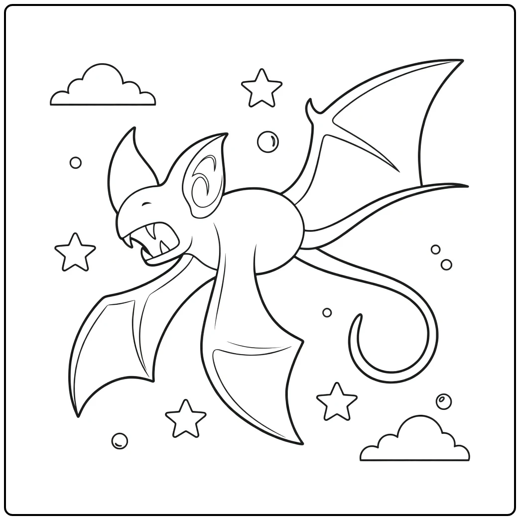 Zubat Slicing Bat with Clouds and Bubbles coloring page
