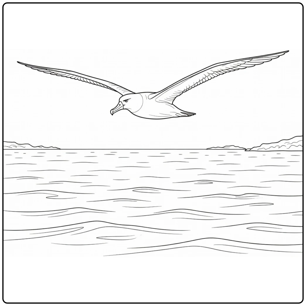 Polar animal coloring page featuring an albatross above the sea