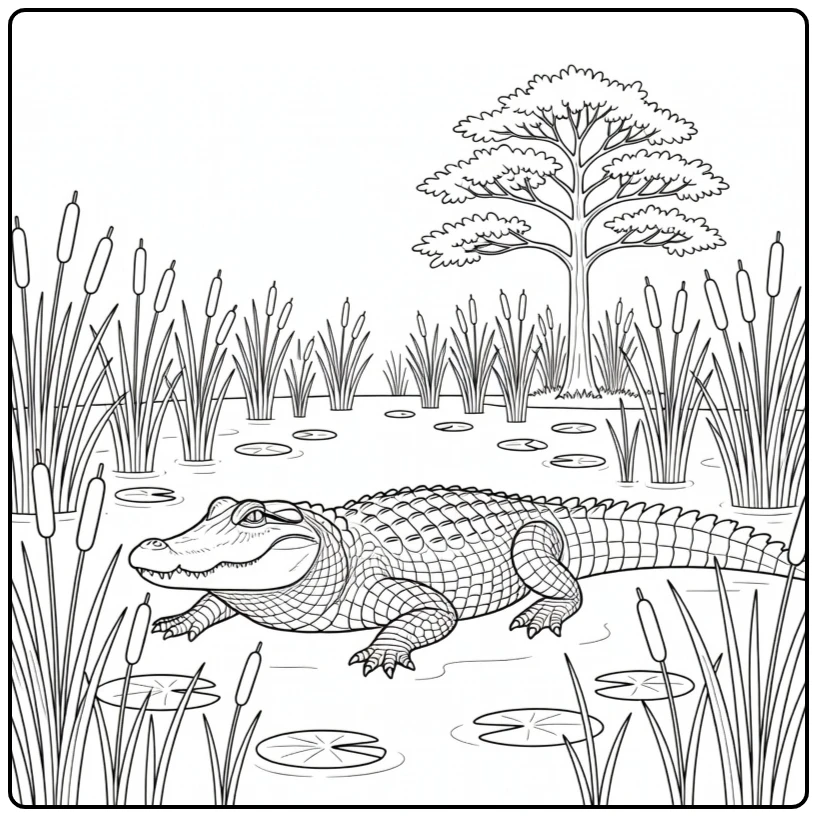 Alligator coloring page showing a reptile in a wetland