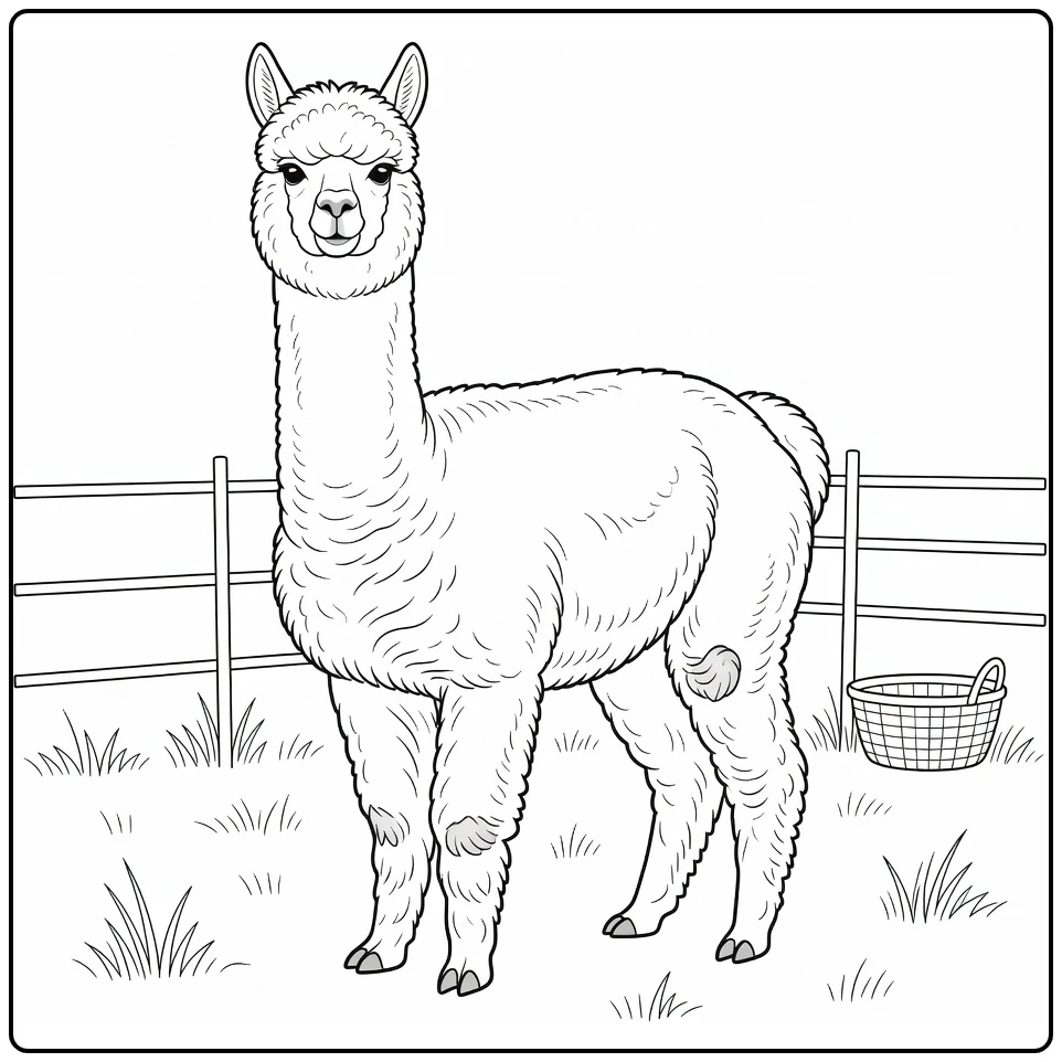 Alpaca coloring page featuring an alpaca on a farm