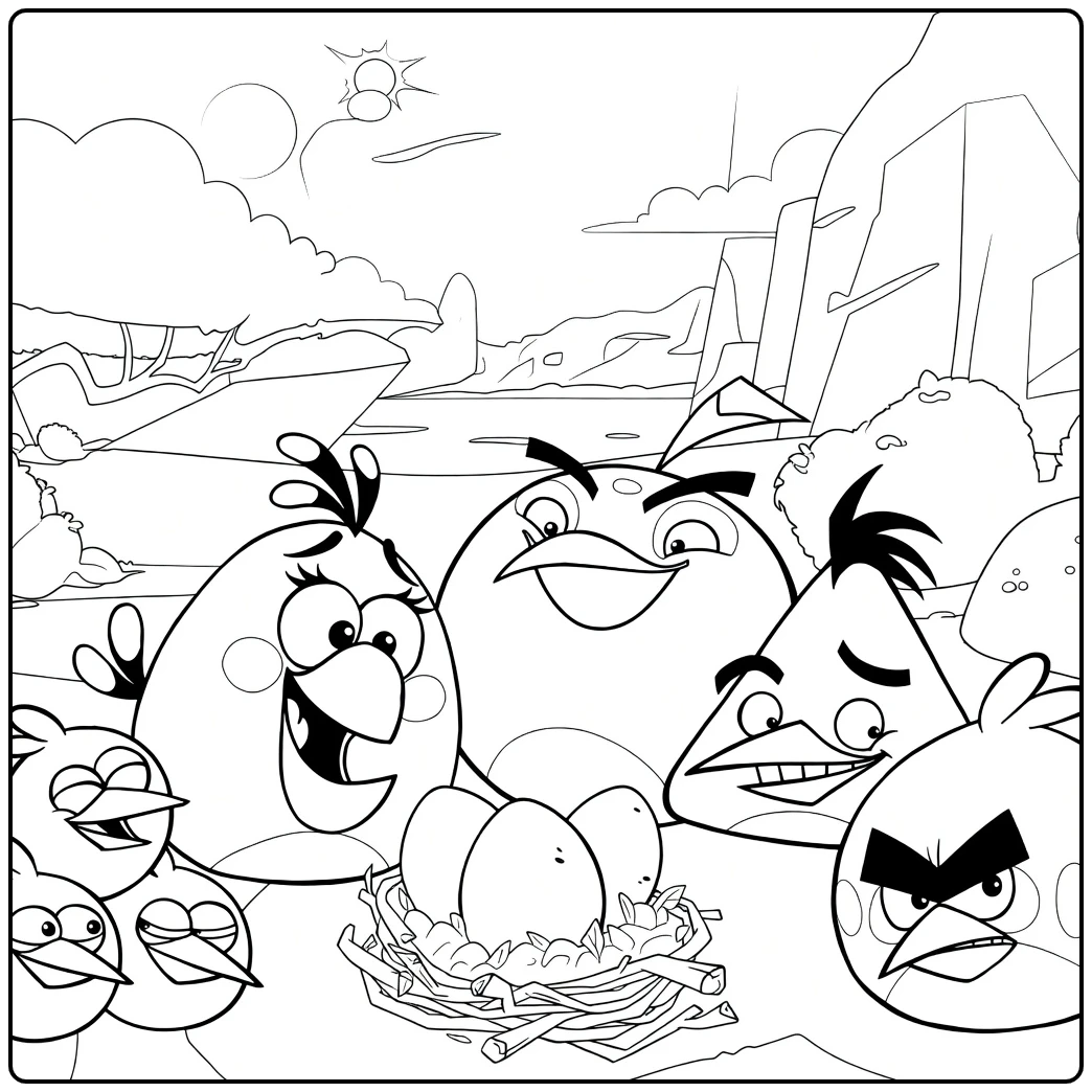 Angry Birds coloring page with birds around a nest full of eggs