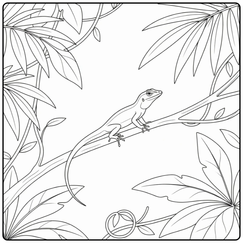 Anole coloring page featuring a lizard on a branch