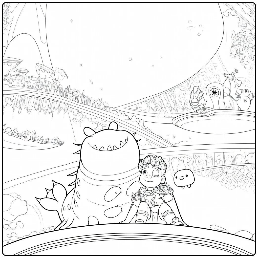 Elio coloring page with a boy and monster in a futuristic space setting
