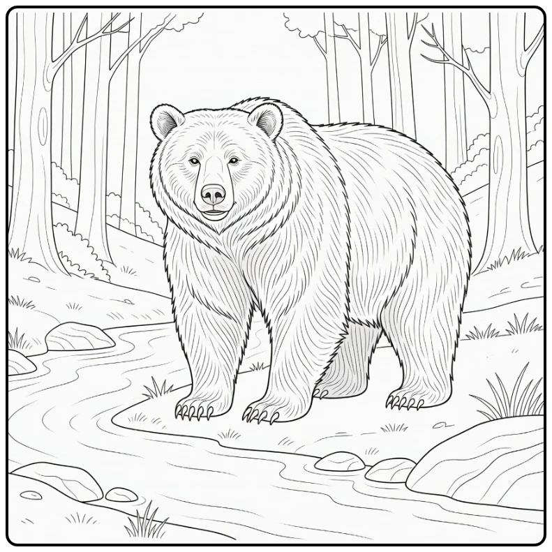 Bear coloring page featuring a bear by a forest stream