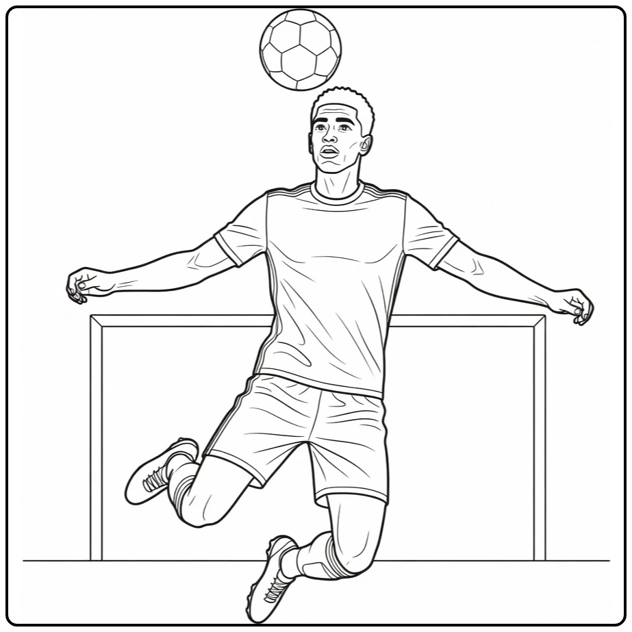 Bellingham coloring page showing a leap for a header near the goal