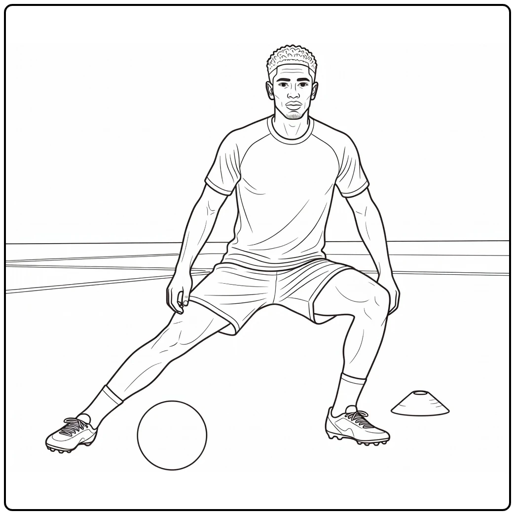 Bellingham coloring page during a leg stretch next to a soccer ball