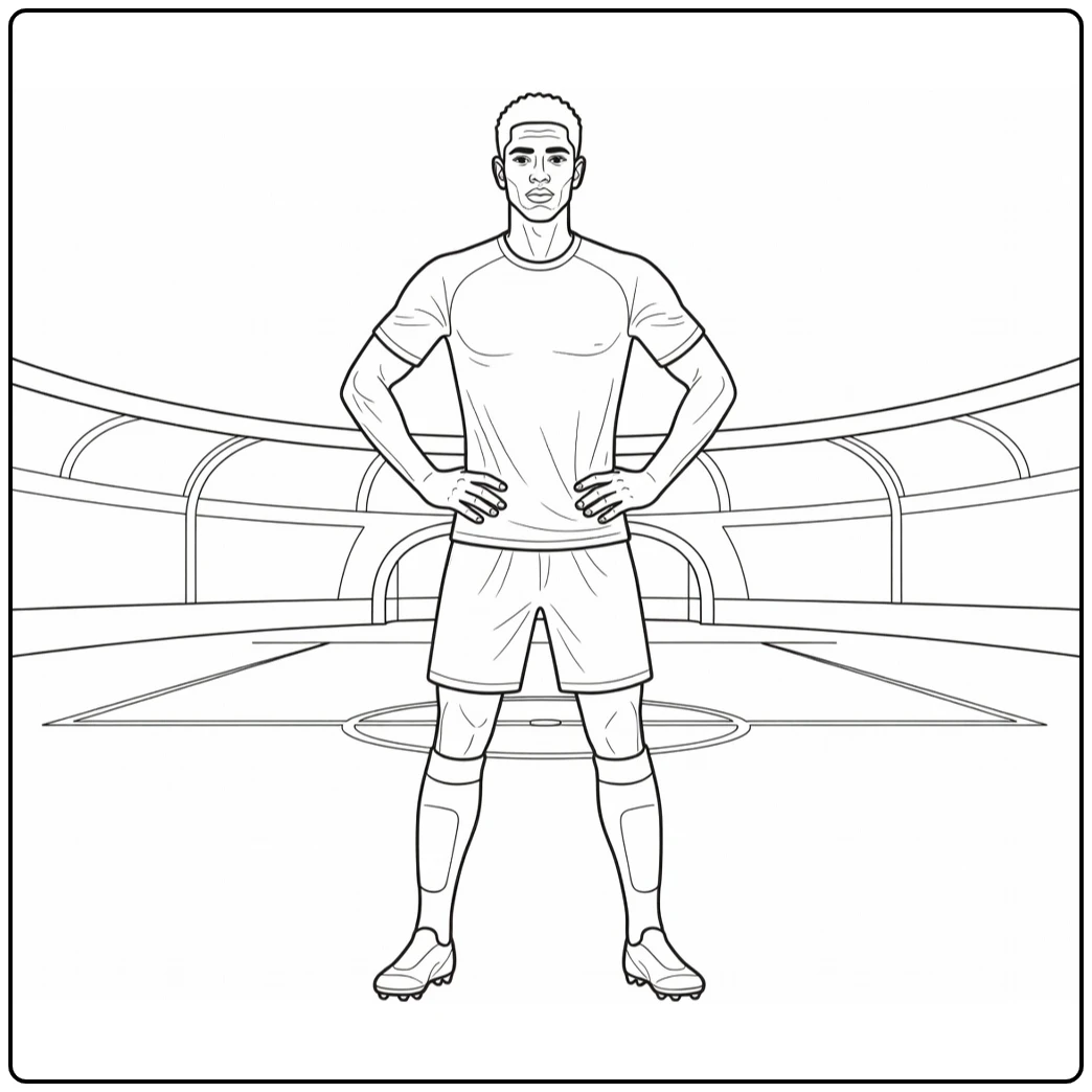Confident Bellingham coloring page with hands on hips at midfield