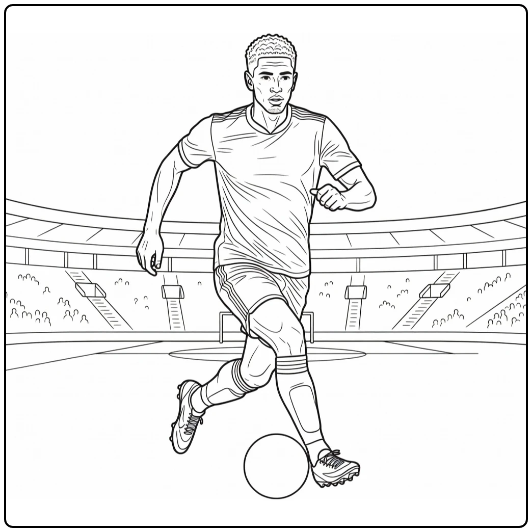 Jude Bellingham coloring page showing him dribbling through the stadium