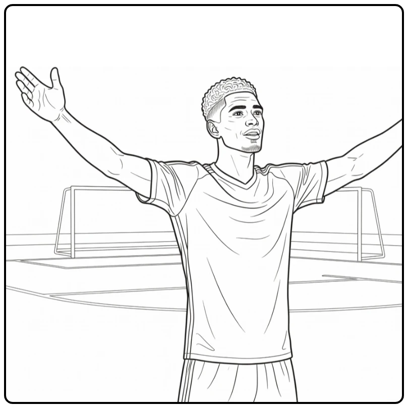 Bellingham coloring page showing Jude celebrating after a goal