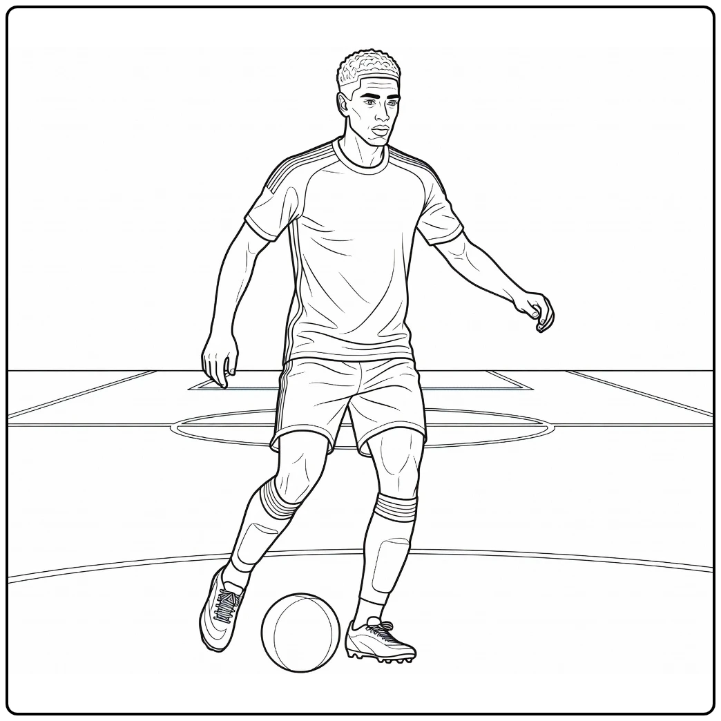 Soccer coloring page of Bellingham looking up while controlling the ball