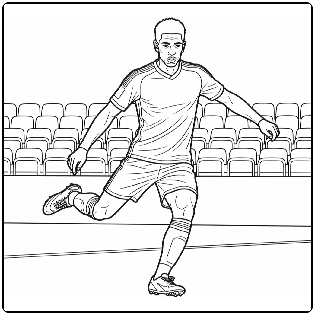 Bellingham coloring page as he prepares to strike the soccer ball