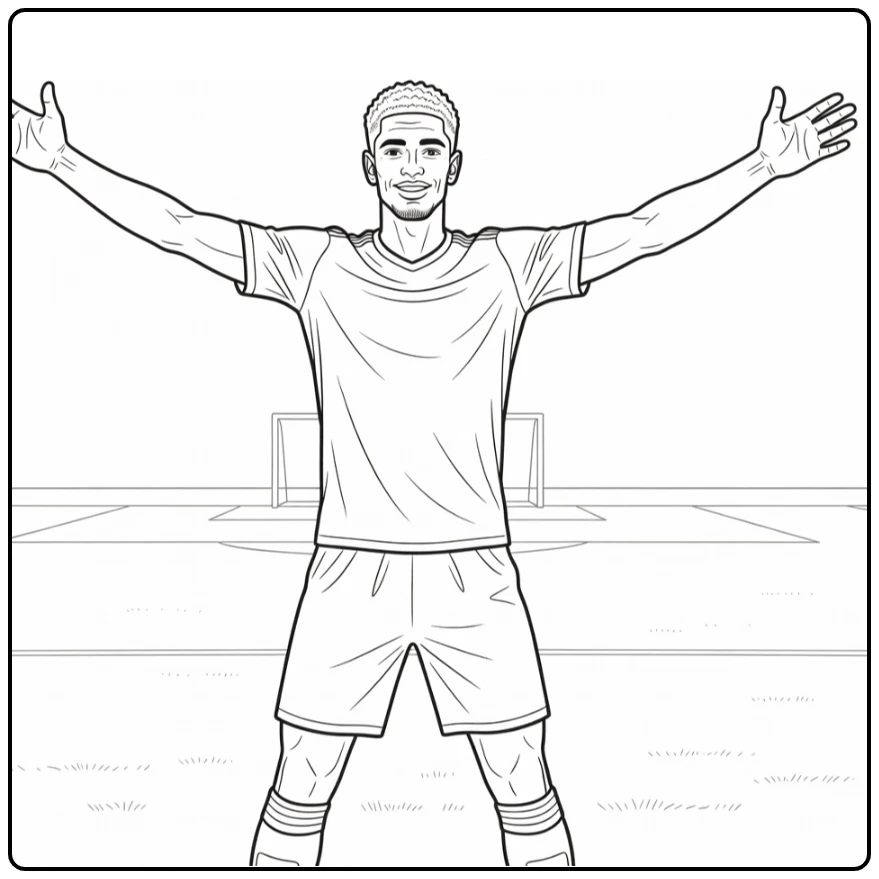 A Bellingham coloring page featuring an arms-wide celebration on the field