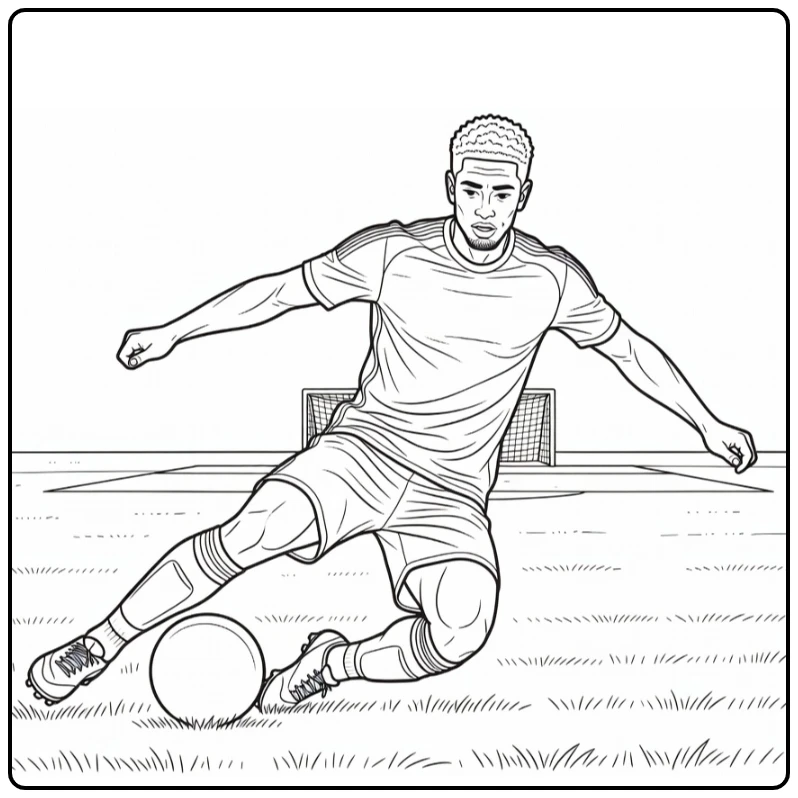 Action coloring page of Bellingham sliding to control the soccer ball