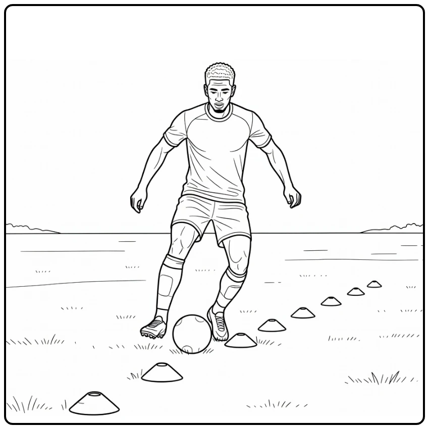 Training coloring page with Bellingham guiding the ball between cones