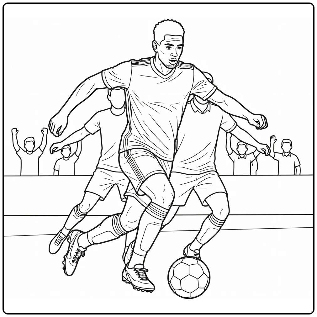Bellingham coloring page with the midfielder dribbling past an opponent