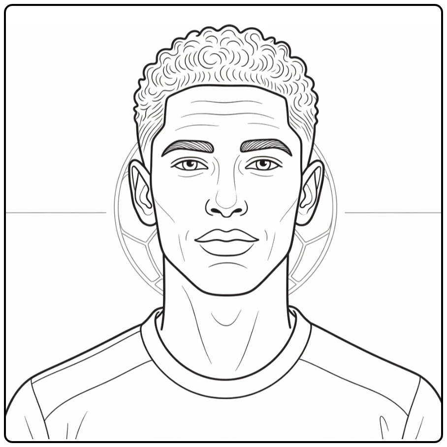 Portrait coloring page of Jude Bellingham with short curls and a soccer ball