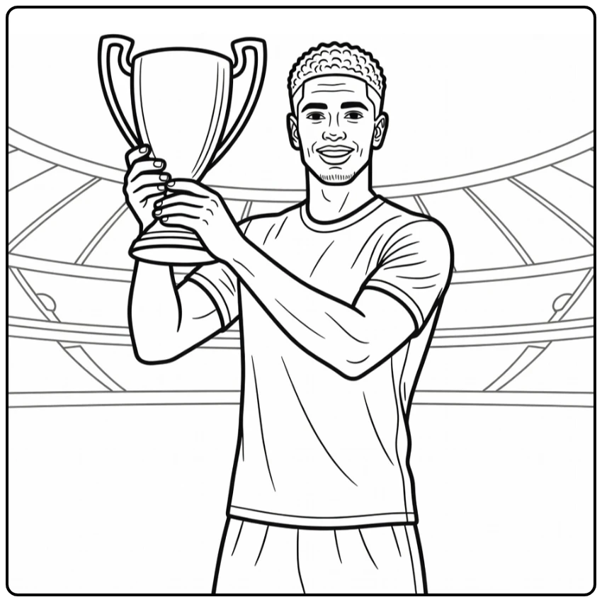 Victory coloring page of Bellingham lifting a soccer trophy