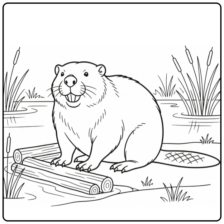 Beaver coloring page showing a beaver beside a dam