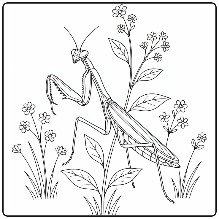 Praying mantis coloring page showing an insect among flowers