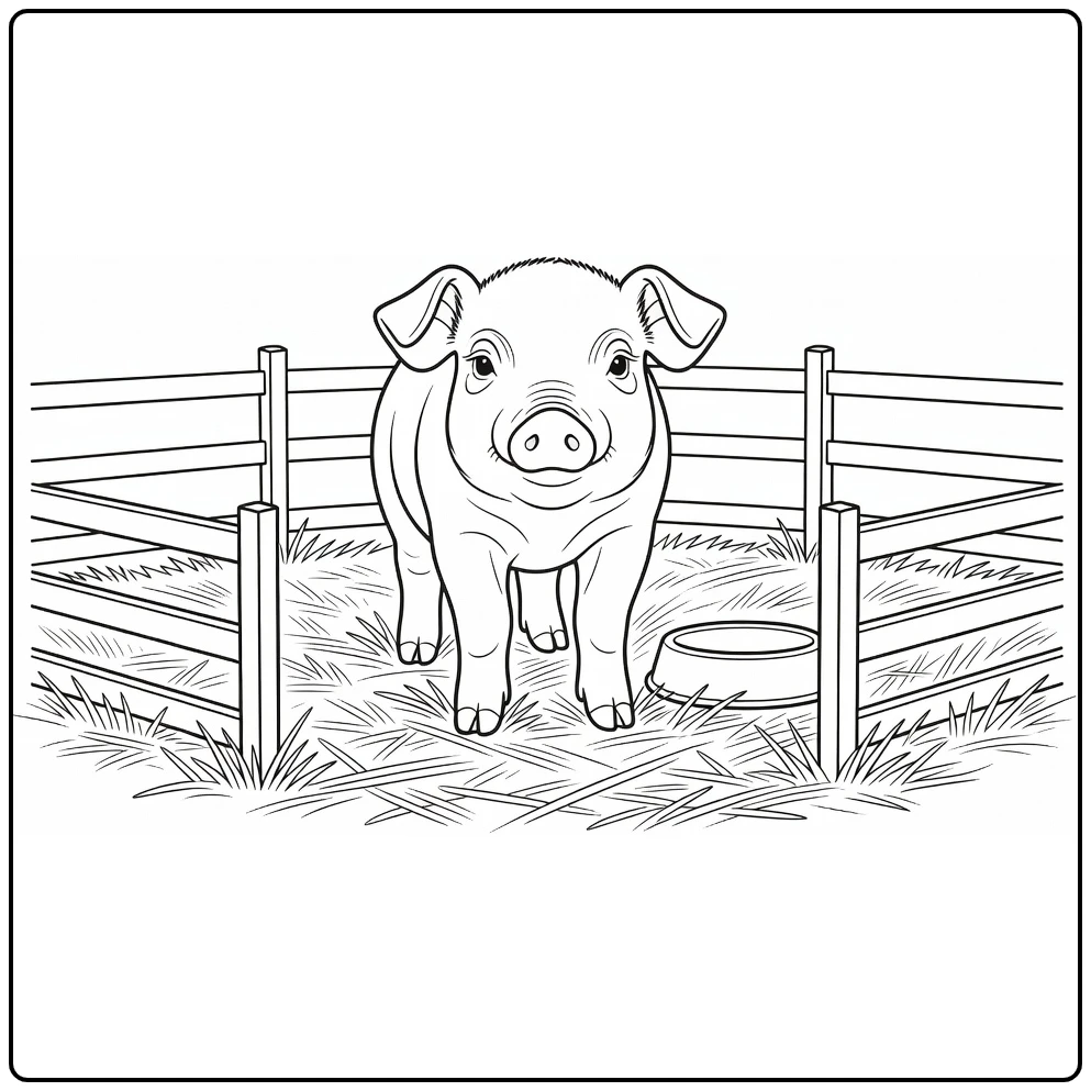 Piglet coloring page showing a piglet in a pen