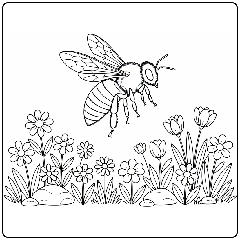 Bee coloring page featuring a bee above flowers