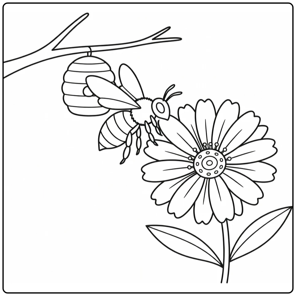 Bee coloring page showing an insect beside a flower