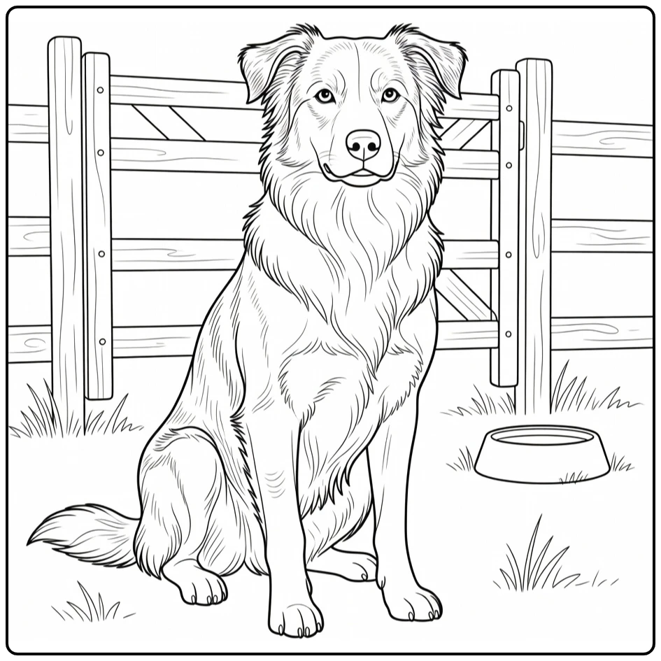 Farm dog coloring page featuring a dog by the barn gate