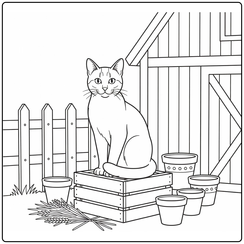 Farm cat coloring page showing a cat on a crate
