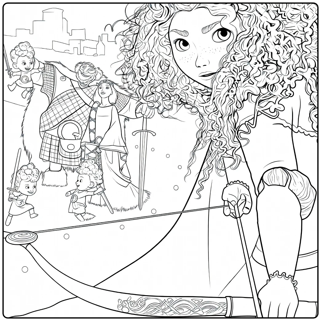 Brave coloring page with Merida and her family