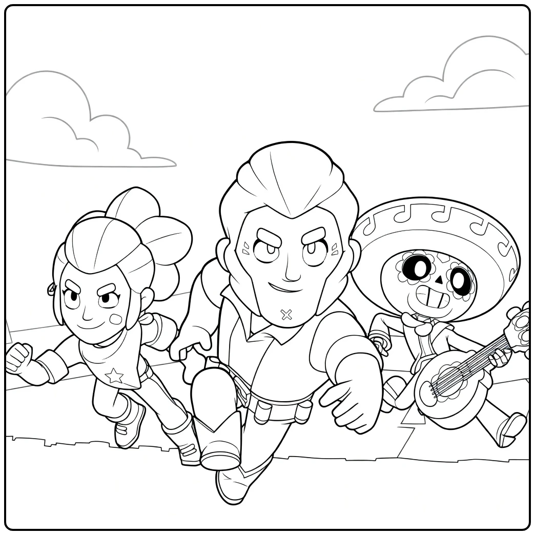 Brawl Stars coloring page with three heroes in action
