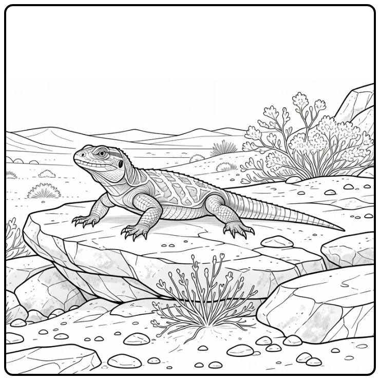 Tuatara coloring page featuring a reptile on desert rocks