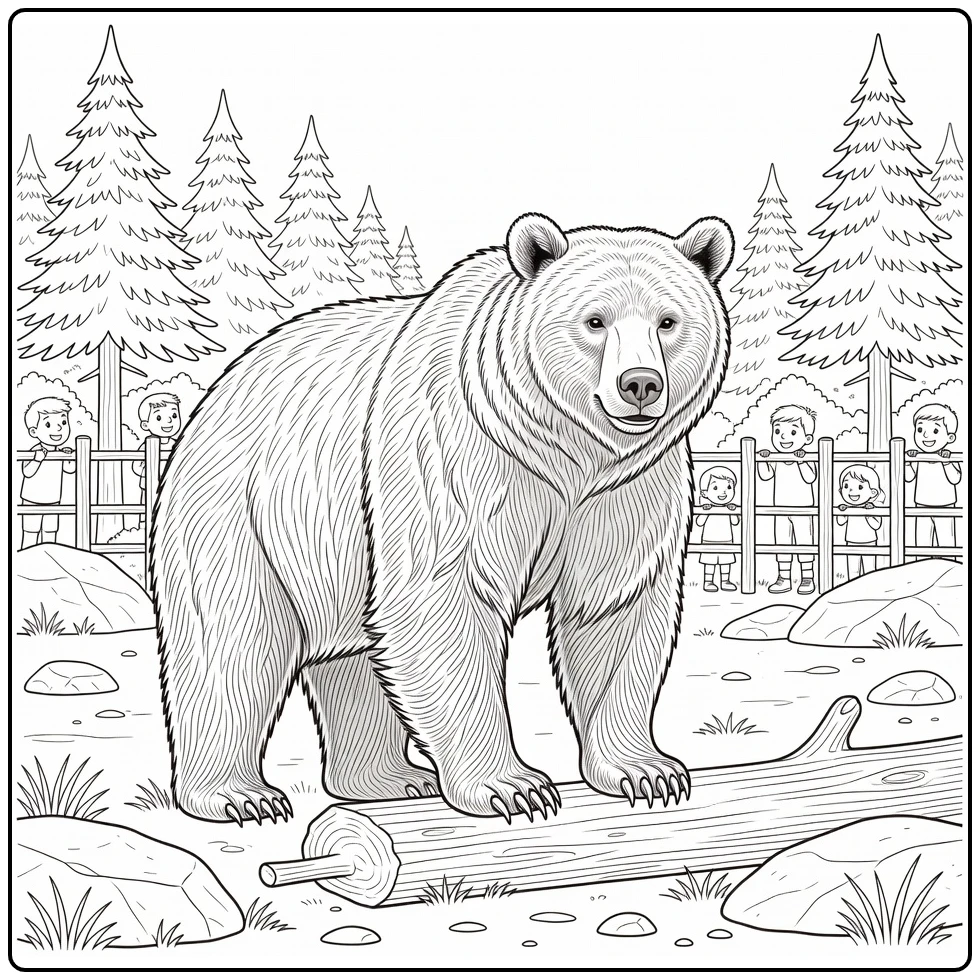 Zoo coloring page featuring a brown bear in its enclosure