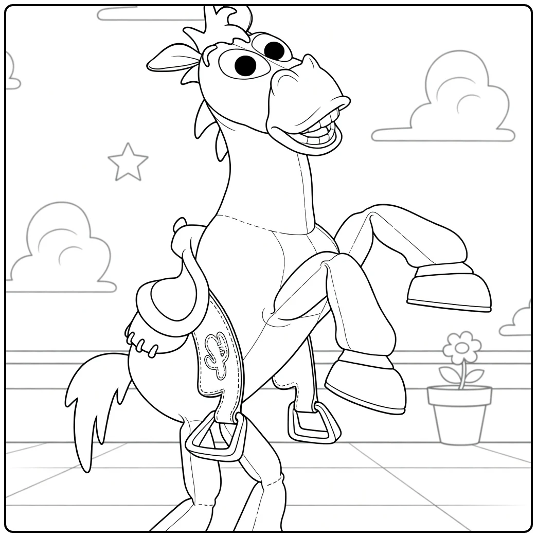 Bullseye coloring page with cheerfully paard in cowboy outfit