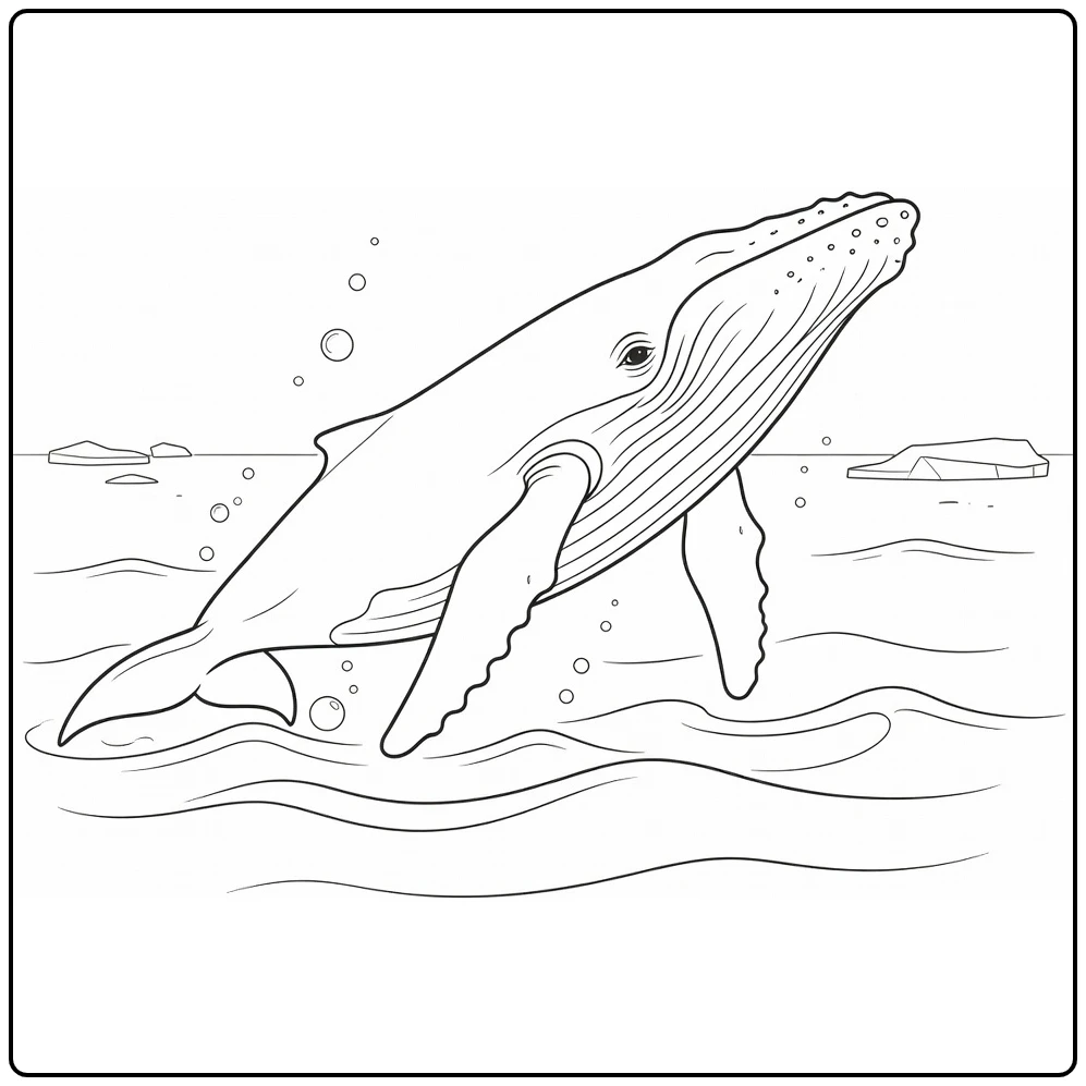 Polar animal coloring page featuring a humpback whale by the sea