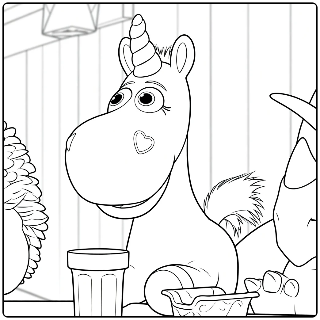 Buttercup coloring page with eenhoorn and dinosaurus