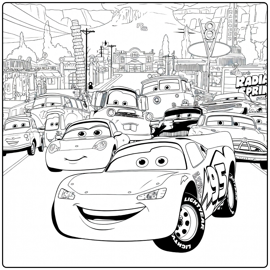 Cars 2 coloring page with Lightning McQueen and cars