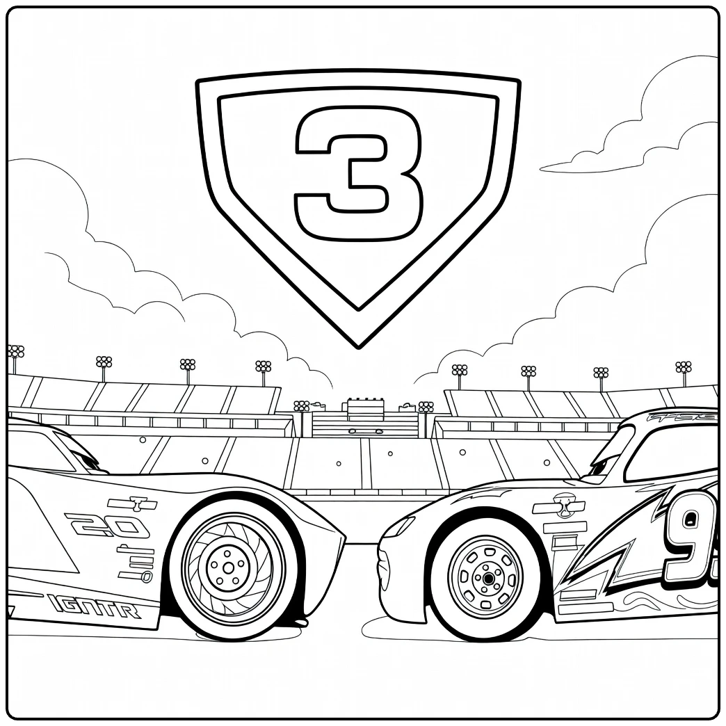 Cars 3 coloring page with two race cars under number 3
