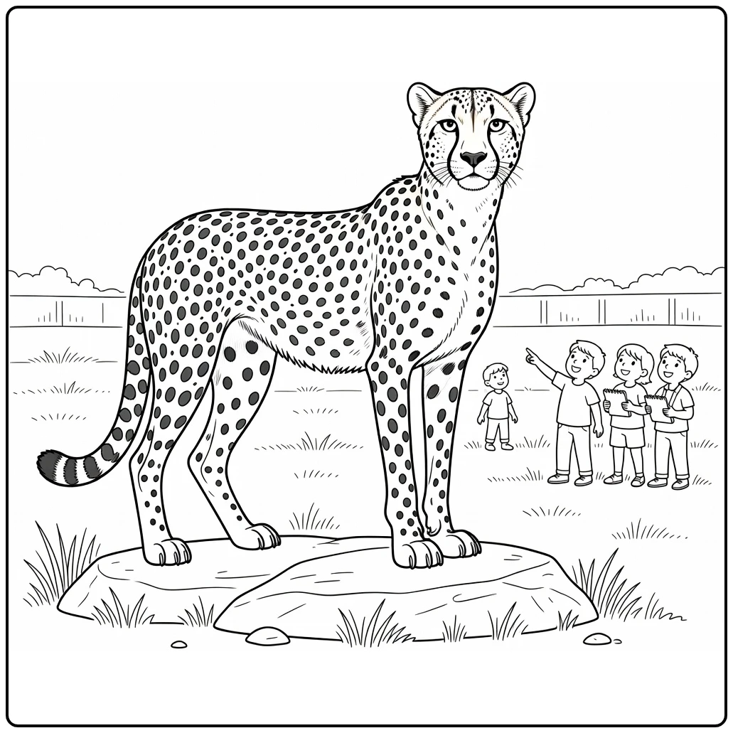 Zoo coloring page showing a cheetah on a rock