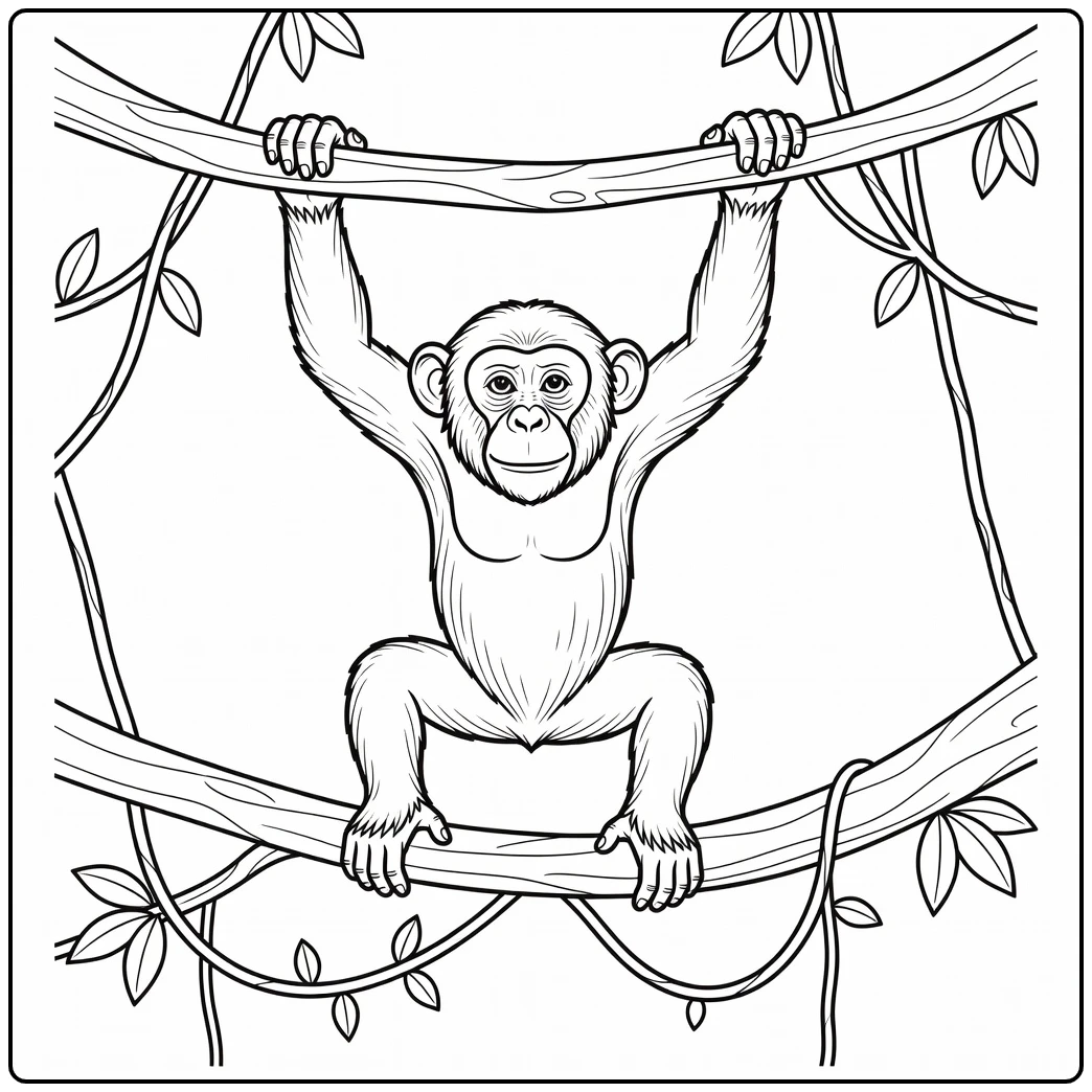 Chimpanzee coloring page showing a jungle animal in a tree