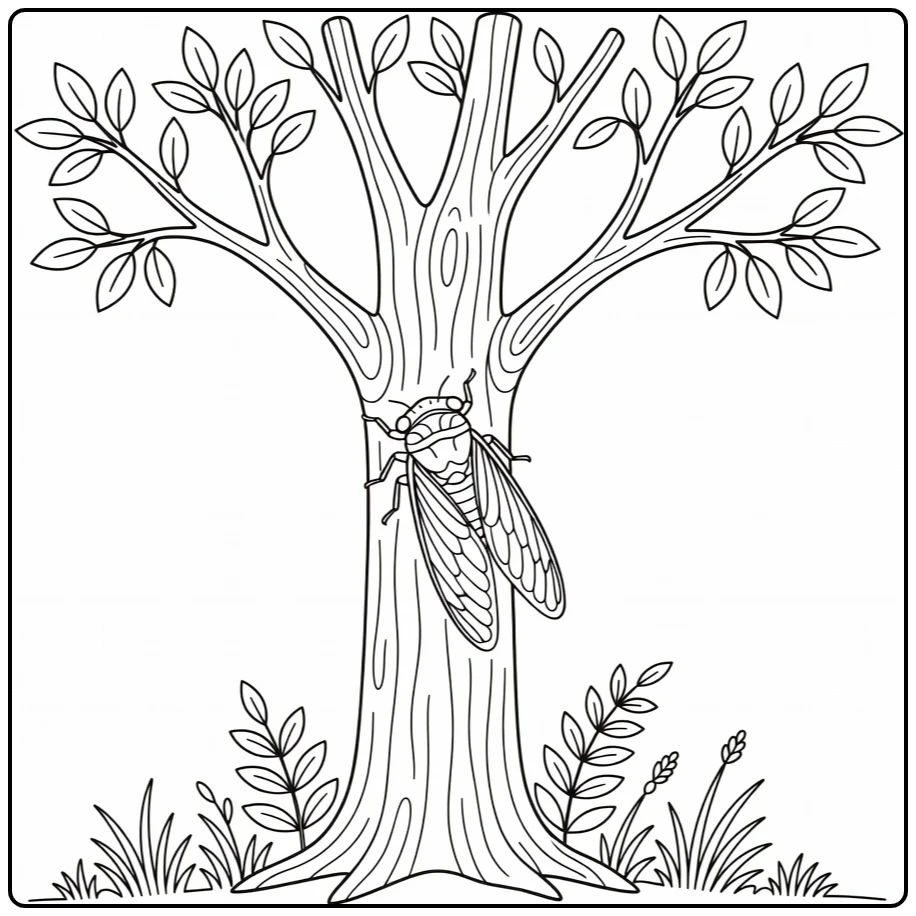 Cicada coloring page featuring an insect on a tree